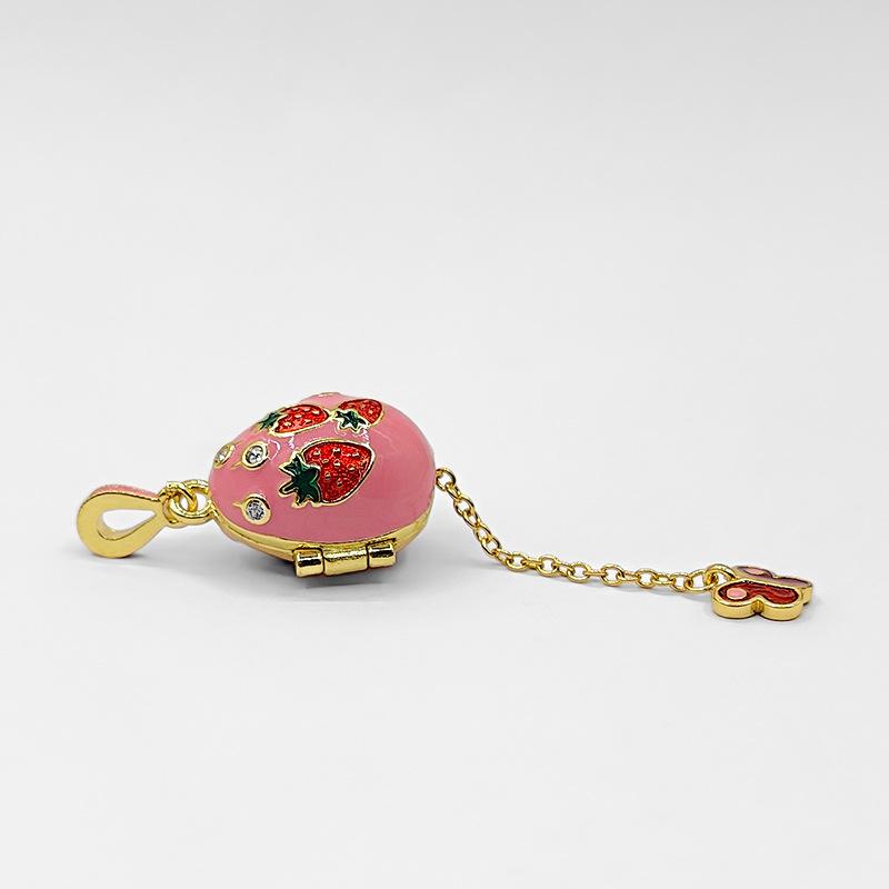Surprise Butterfly Locket Necklace, Pink Enamel Cherry Egg Pendant, Openable Jewelry with Secret Charm, Gold Tone Cottagecore Aesthetic, Unique Gift for Her