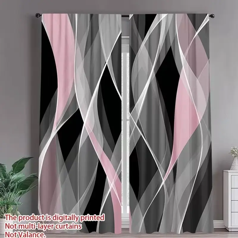 2-piece set - Pink, Black and Gray Abstract Flowing Ribbon Printed Semi-transparent Window Curtains. Easy to clean and maintain. Suitable for living room, bedroom and home decoration.
