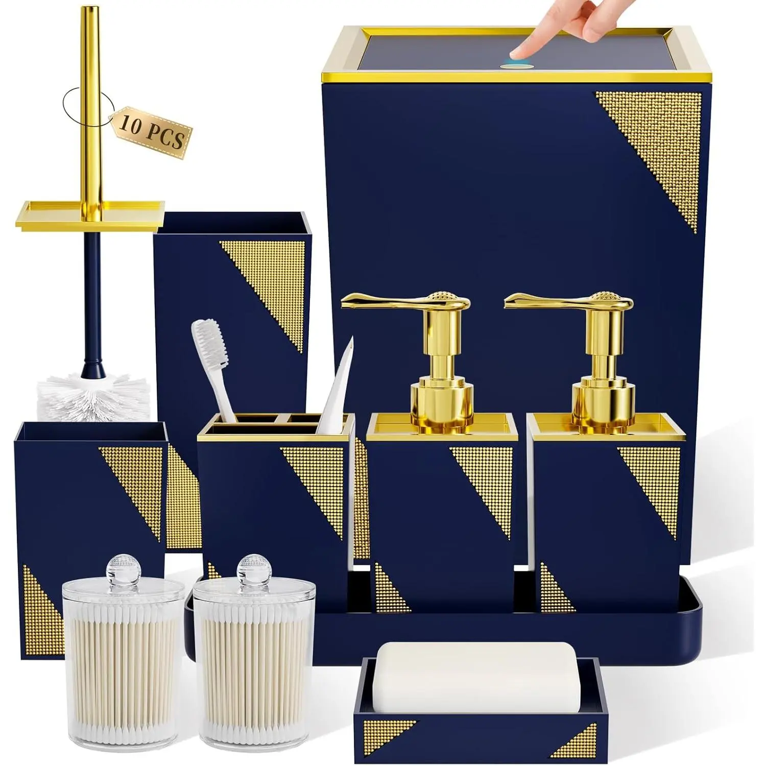 Bathroom Accessories Set 10 PCS Navy Blue, Bling Diamond Design Bathroom Decor with Pop Up Trash Can, Toilet Brush Holder, Soap Dispenser, Toothbrush Holder, Tumbler, Soap Dish, Vanity Tray and Jars