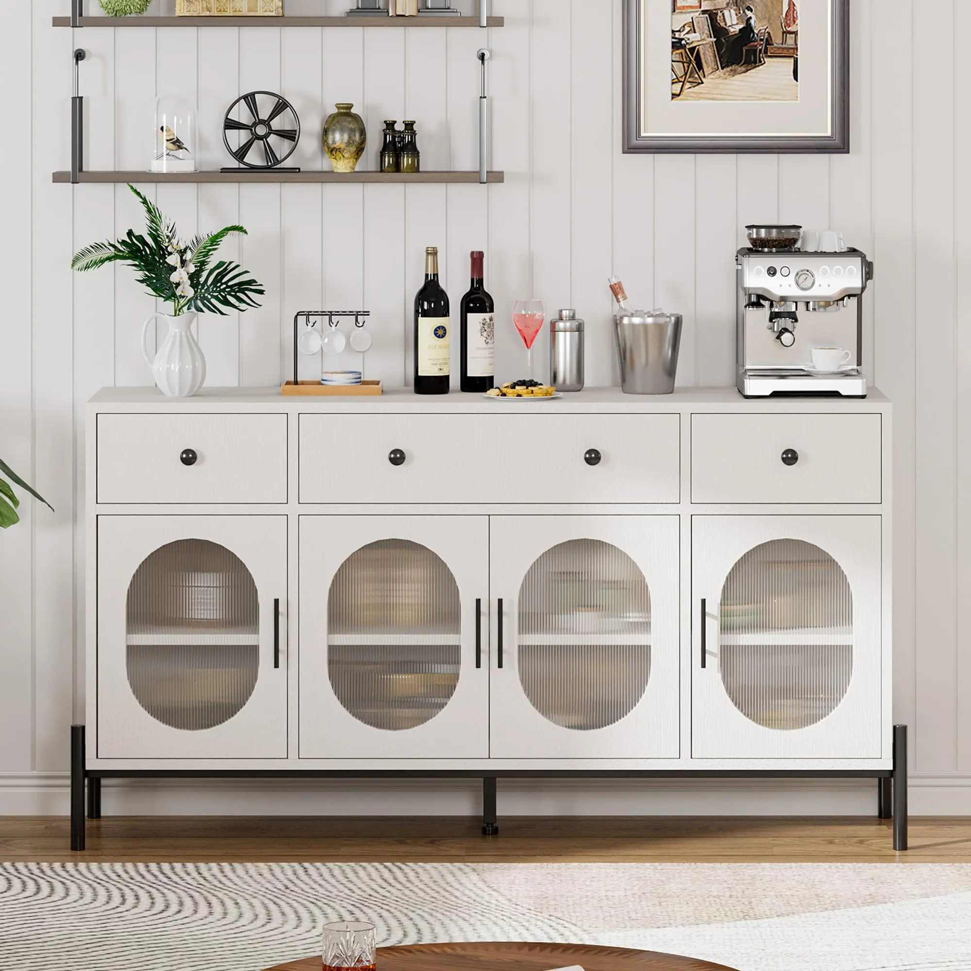 GARVEE62" Large Sideboard Buffet Cabinet with Storage, Featuring 3 Drawers and 4 Fluted Glass Doors, Ideal for Dining Room, Kitchen, or Living Room, Available in Black and White Finishes