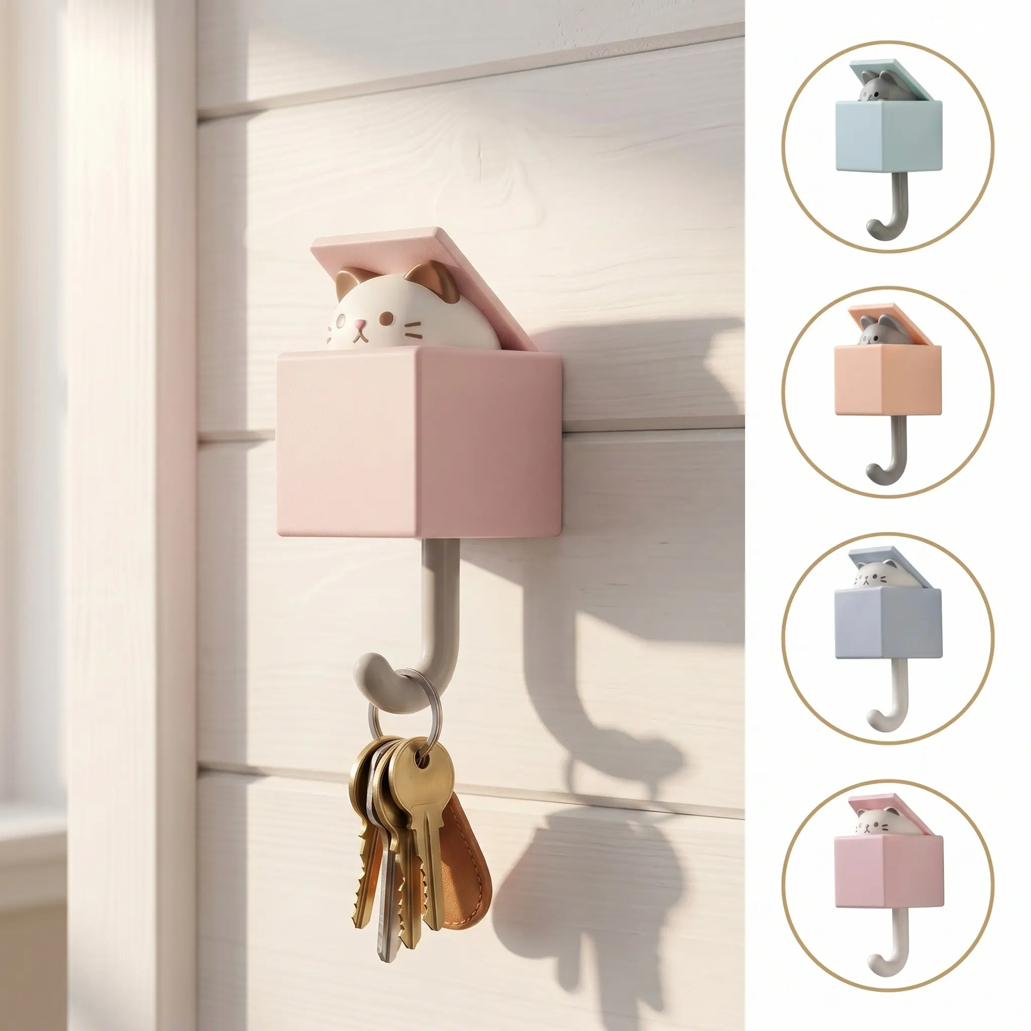 Cute Cat Design Wall Mounted Decorative Plastic Wall Hook, 4 Counts Set Punch Free Adhesive Organiser Hook for Coat, Scarf, Hat, Towel, Key, Bag, Utility Hook for Wall Hanging Decorations, Summer for Gift-YY0