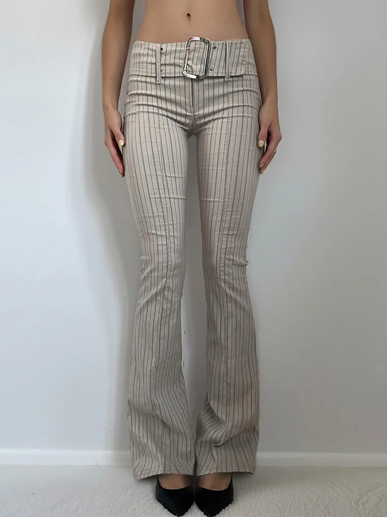 Women's Vintage Striped Low Waist Flare Pants, Bell Bottom Trousers, British Casual Style, Metal Buckle Belt, Versatile Long Pants for All Seasons, Casual Fit Bottoms