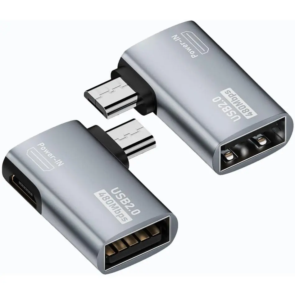 2-in-1   USB OTG Adapter 90  Right Angled with  USB Power  Port 2 Pack