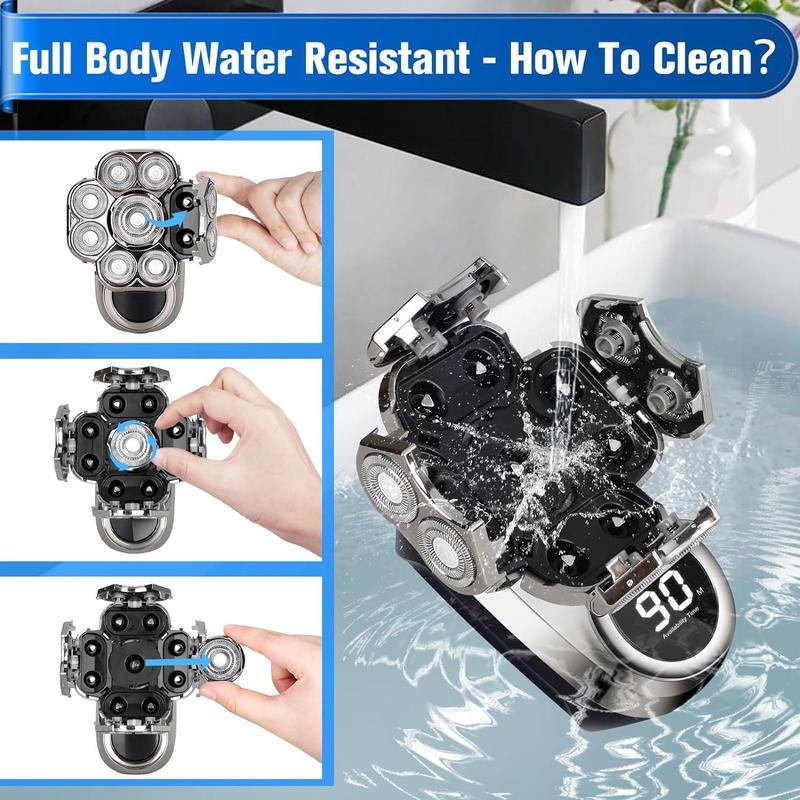 6-in-1 Electric Head Shaver, Waterproof Wet/Dry Grooming Shaver & Accessories, Cordless Rechargeable Bald Head Razor for Home & Travel, Multifunctional Epilator