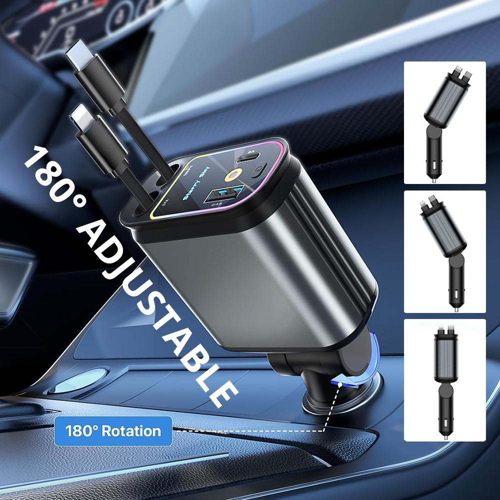 4 in 1 Car Charger, Retractable Car Charger, Dual Type C & Lightning Cable Car Charger, Universal Car Charger for iPhone 15/14/13 Pro Max & Samsung Galaxy S23