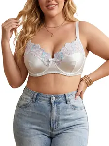 Plus Size Supportive Underwire Bra, Elegant Embroidered Lace Satin Lift Bra, Full Coverage Comfort Lingerie for Women
