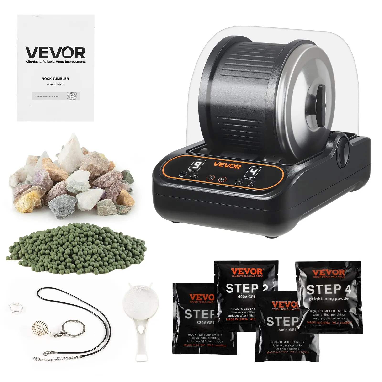 VEVOR KD-B6031 3 lb Complete Tumbler Set for Beginners, Stone Polisher Rock Tumbling Machine with 4-Speed Adjustment, 1-9 Day Timer, PC Soundproof Cover, TPU Drum, Direct Drive Motor, Quiet Operation, Shaker Ball, 10.35x7.09x3.74in (263x180x95mm)