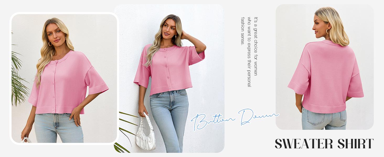 FMEYOA Womens Half Sleeve Cardigan Sweaters Cropped Button Down Tops Oversized Lightweight Ribbed Knit Summer Outfits