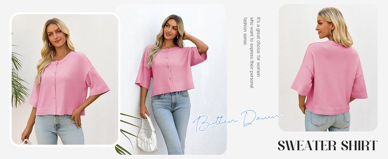 FMEYOA Womens Half Sleeve Cardigan Sweaters Cropped Button Down Tops Oversized Lightweight Ribbed Knit Summer Outfits