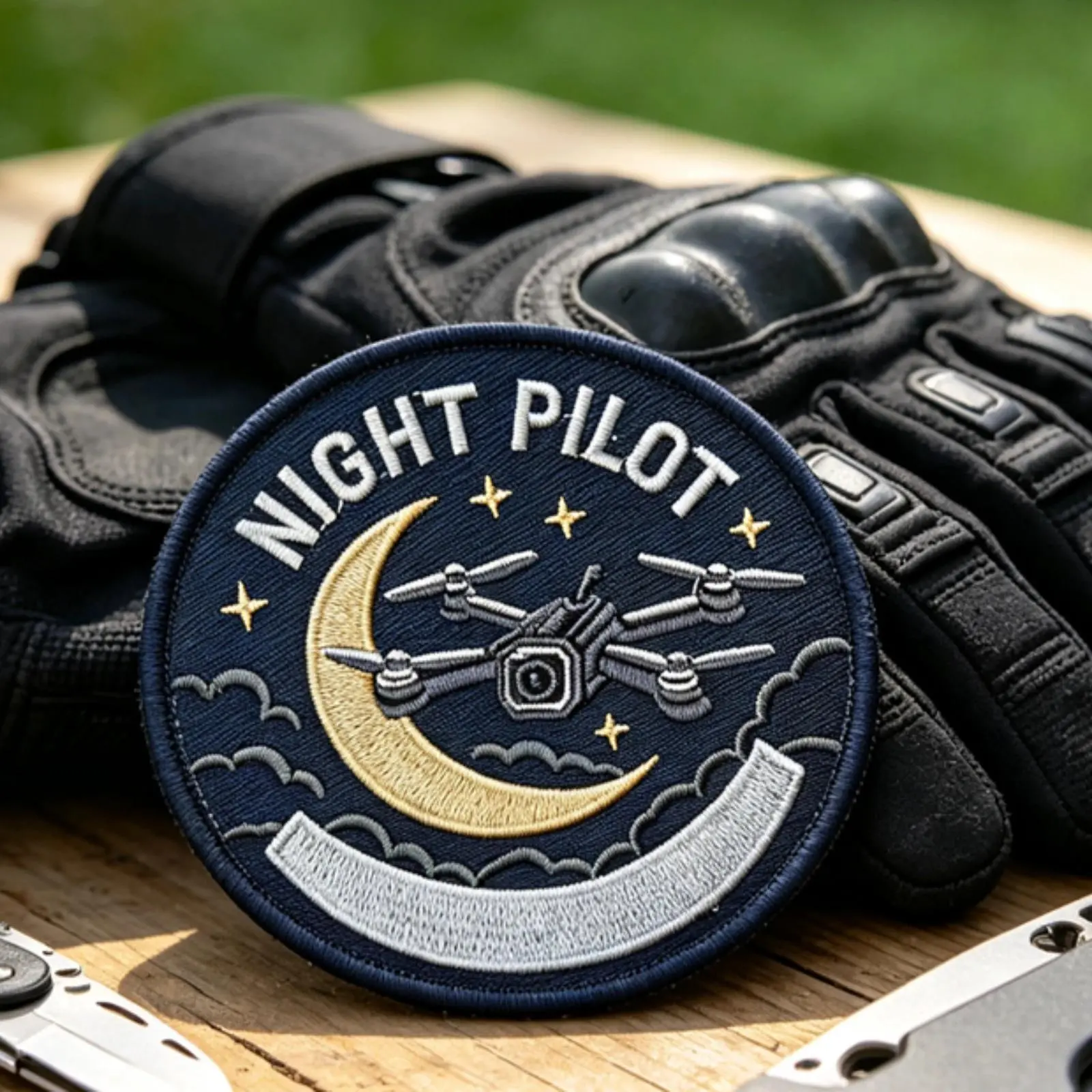 Night Pilot Drone Tactical Patch Moon Star Embroidered Hook & Loop Morale Badge for Backpack