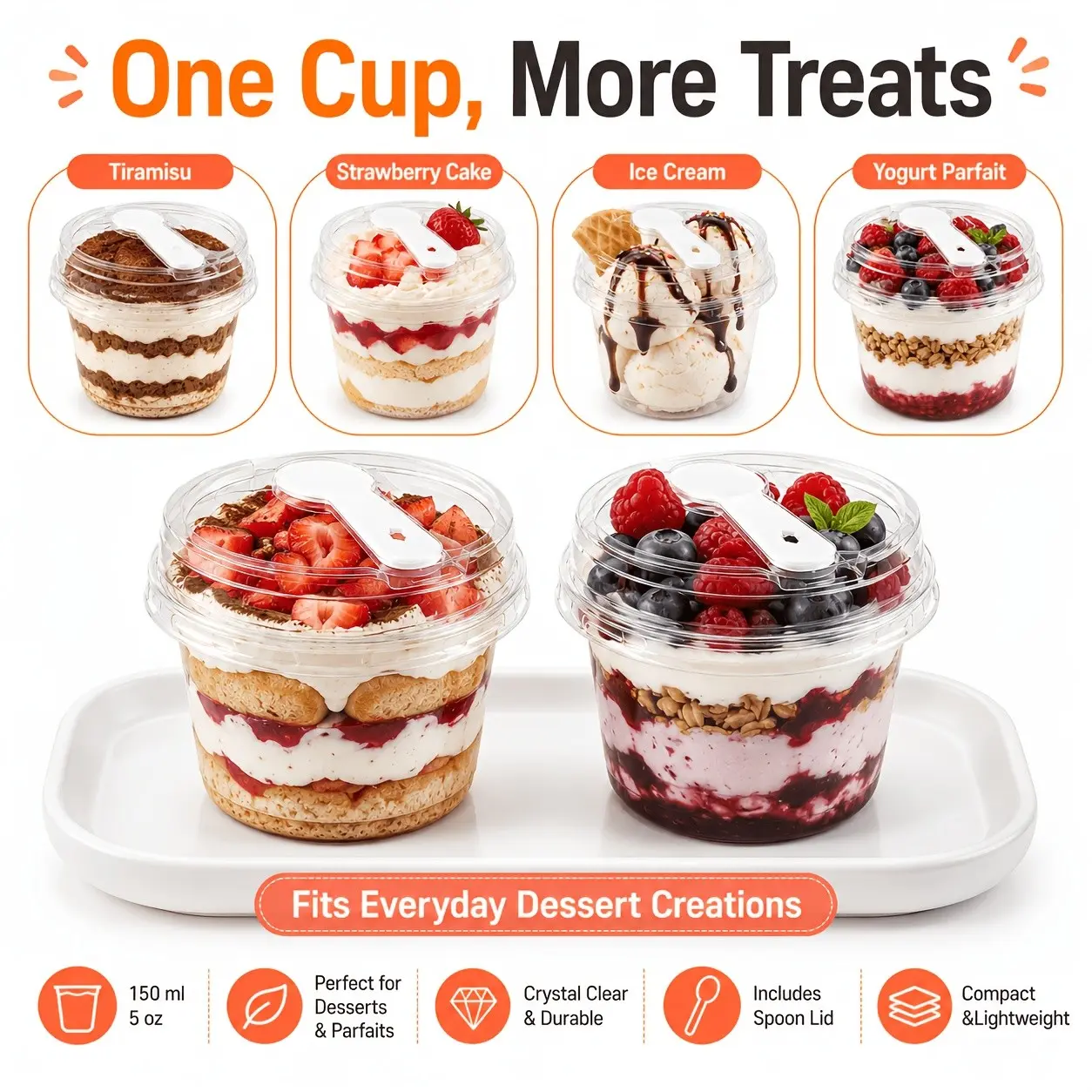 5oz Sweet Treat Cup with Lid and Spoon, Transparent Plastic Potholder Cup, Clear Plastic Disposable, 150ML Round Dessert Container, Ideal for Mini Cakes, Pudding, Yogurt, Mousse, Fruit, Party Supplies