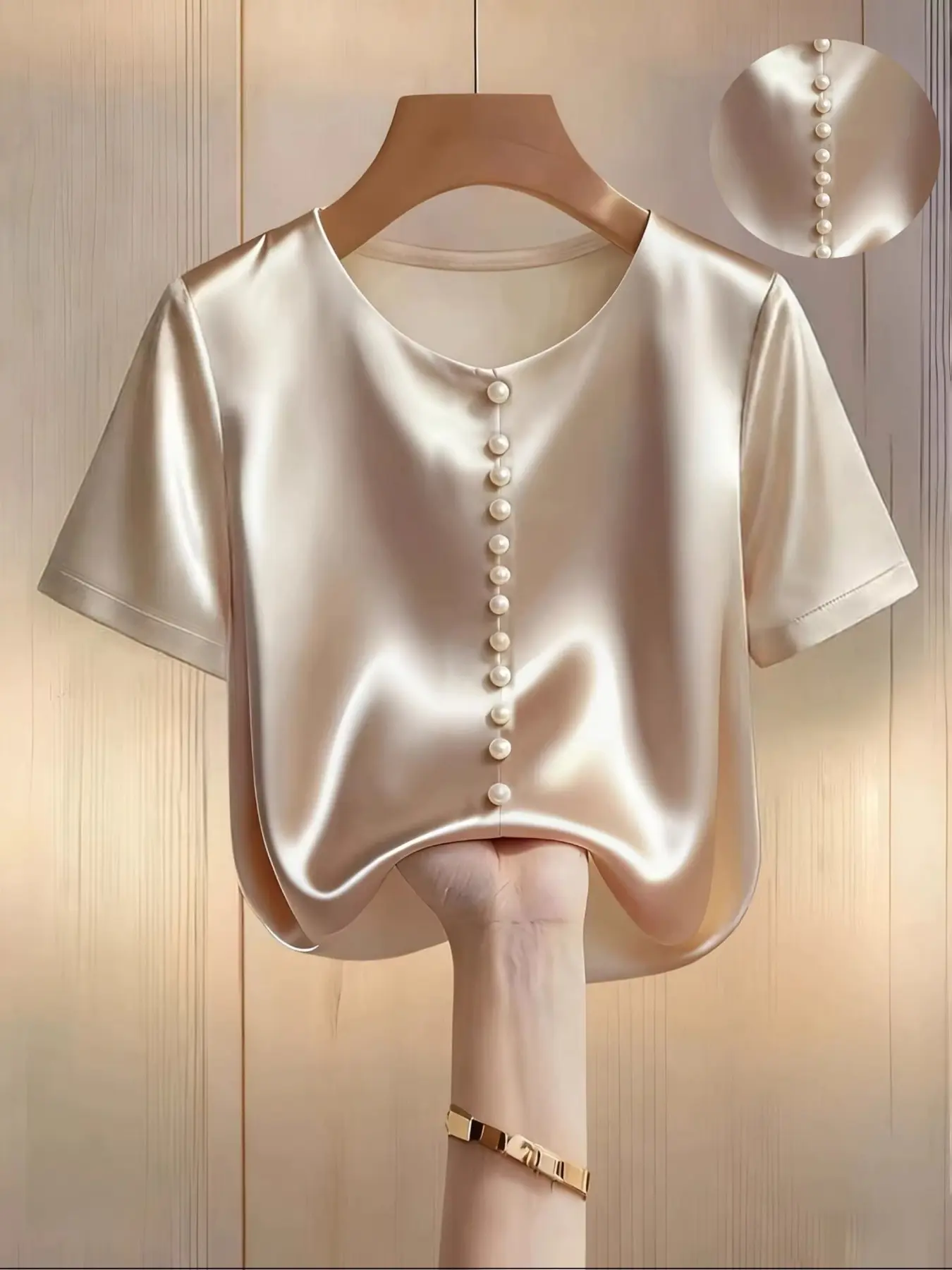 Elegant Women's Satin Smooth Short Blouse Shirt Tops with Beaded Embellishments, Slim Fit, Stylish and Chic Design, Perfect for Formal Special Occasions and Daily Wear