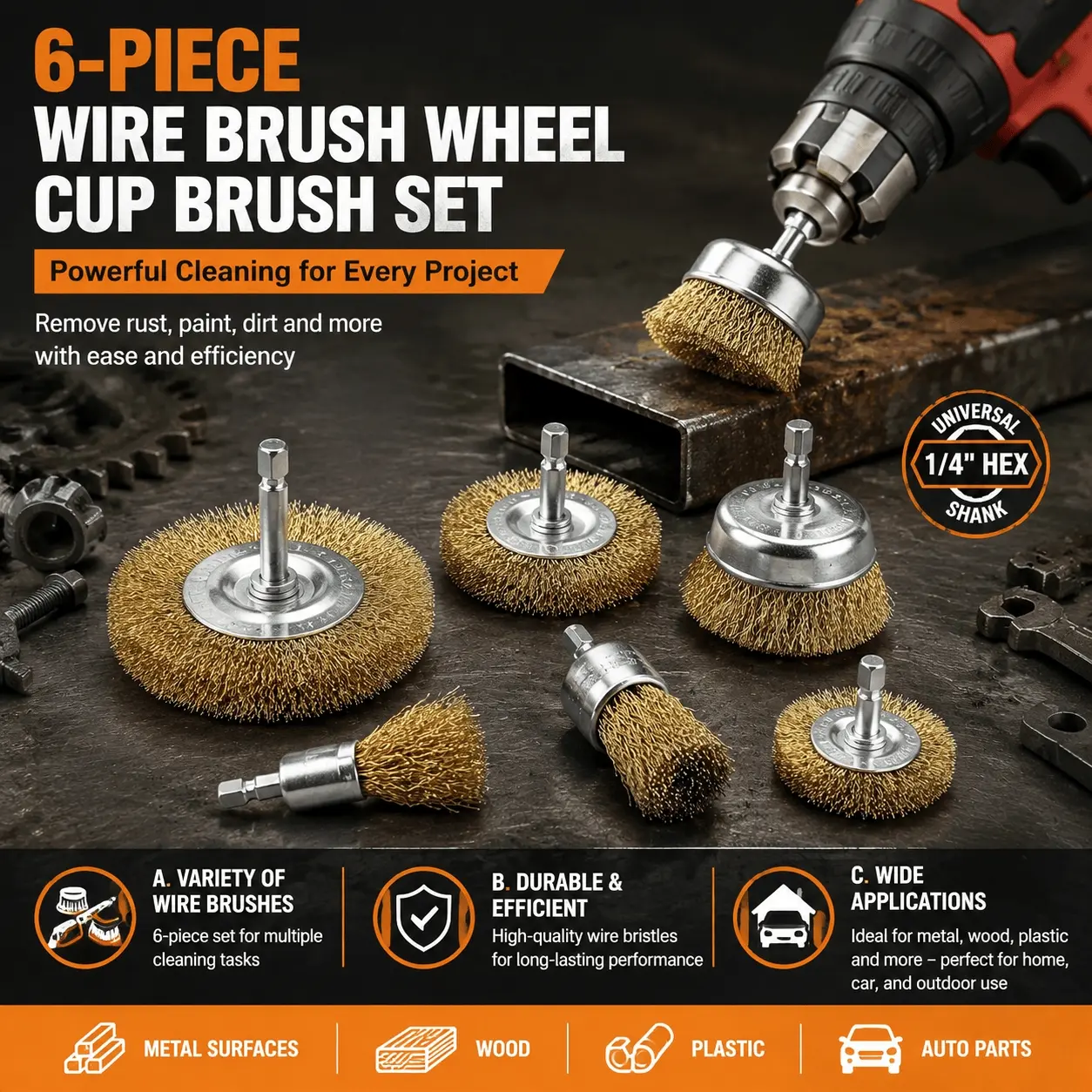 6-Pack Industrial Brass-Plated Carbon Steel Wire Drill Brush Set, 1/4" Hex Shank, Rust & Corrosion Resistant, Deburring, Cleaning & Polishing for Metal, Wood & Precision Parts