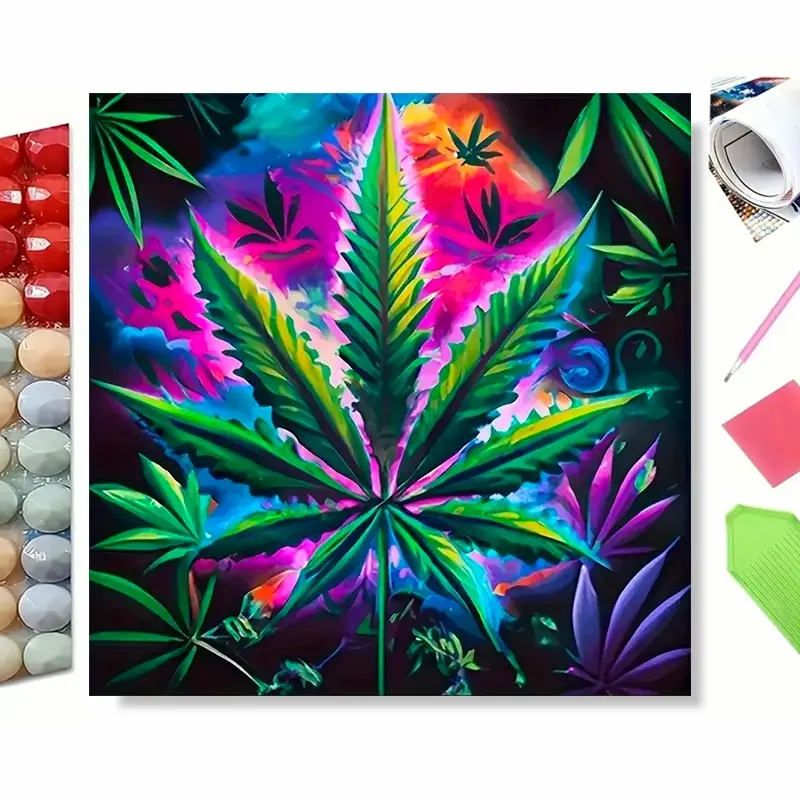 DIY Diamond Painting Colorful Abstract Palm Leaf Art, Vibrant Neon Botanical Wall Art for Bedroom Bar Decor, Relax DIY Handcraft, Great Gift & Festival Atmosphere Home Decoration
