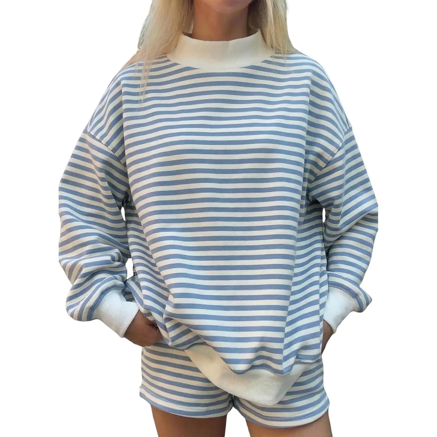 Arssm Women's Striped Sweat Sets Mock Neck Sweatshirt and Shorts Matching Set 2 Piece Outfits Y2k Lounge Sets