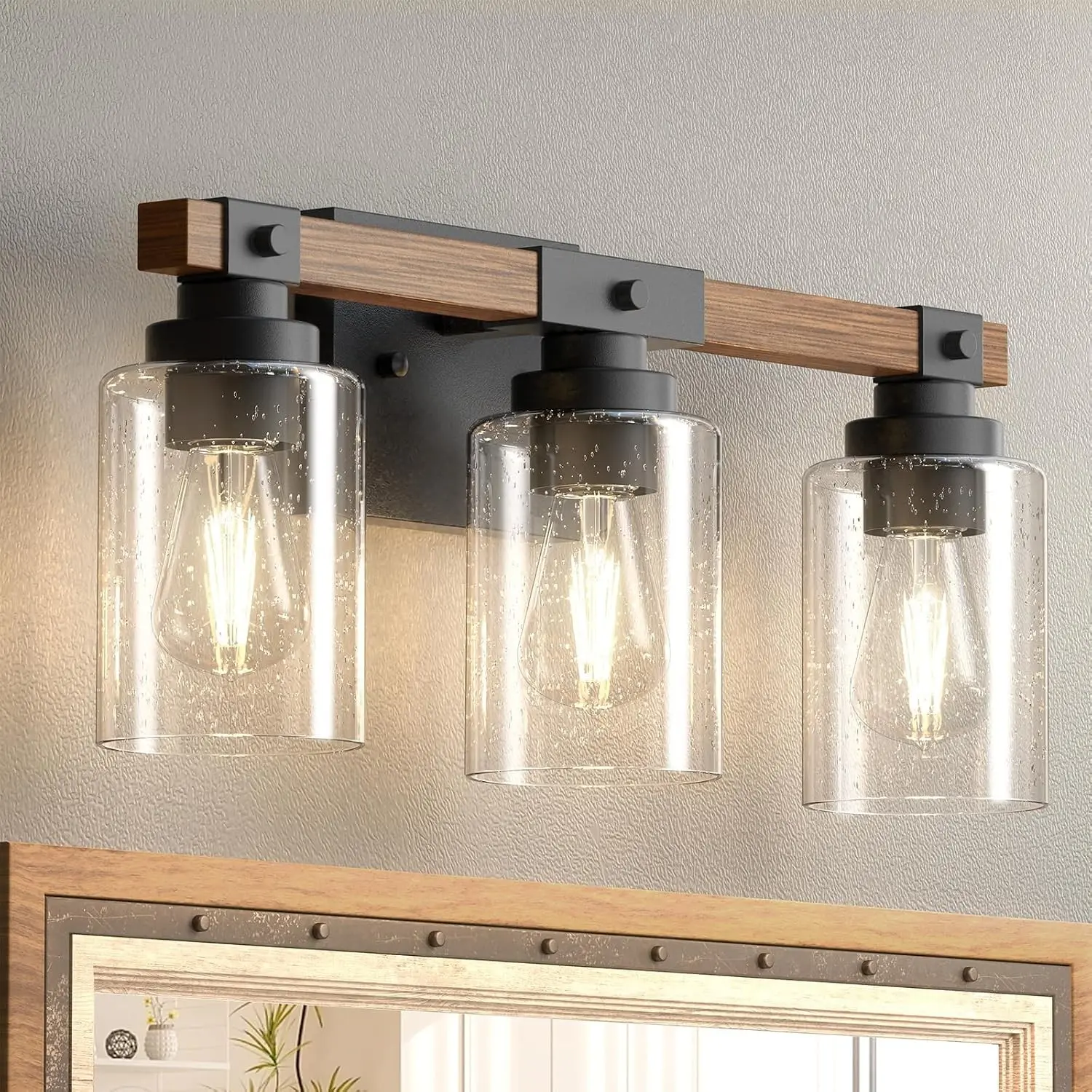 3-Light Farmhouse Vanity Light Fixture, Rustic Wood Bathroom Light Fixtures, Industrial Vintage Black Wall Sconces Lights with Bubble Glass Shade for Mirror, Bedroom, Living Room, Hallway