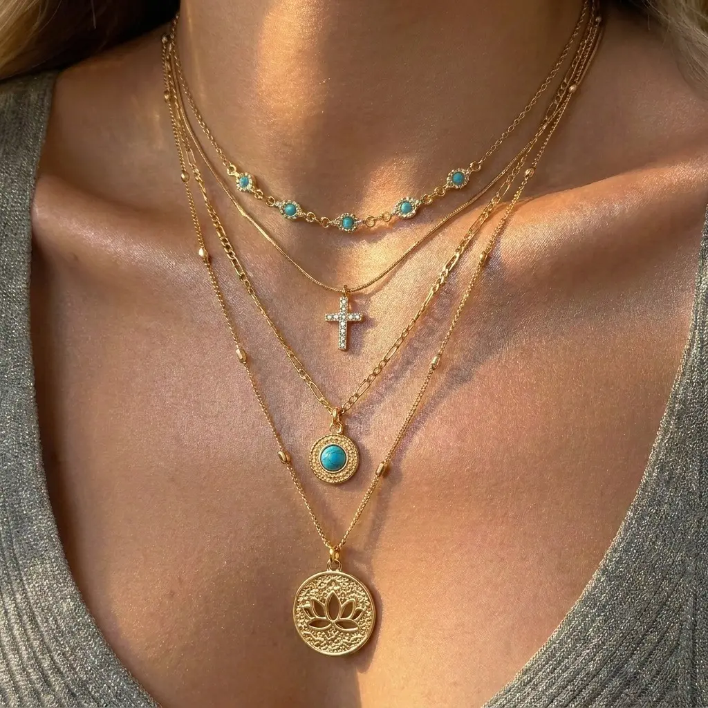 Layered Necklace for Women, Turquoise Cross Necklace with Lotus Pendant, 4 Layer Vintage Boho Jewelry, Multi-Layer Statement Necklace for Everyday Wear, Casual Outfits and Gifts