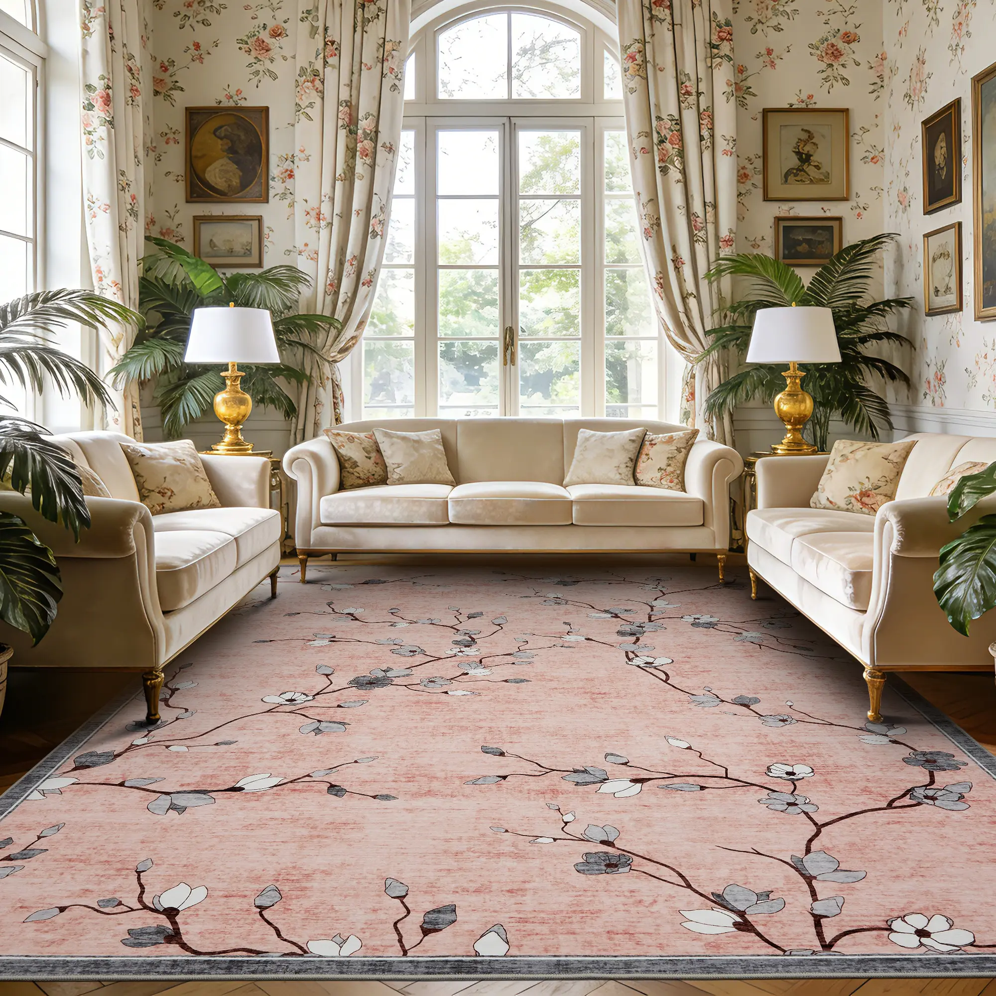 Modern Washable Area Rug, Vintage Floral Area Rug with Non Slip Backing, Low Pile Stain Resistant Floor Carpet for Living Room, Bedroom