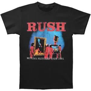 Men Rush Moving Pictures Tour 1981 Vintage Prog Rock Band Graphic Crewneck Tee, Classic Rock Casual Streetwear Regular Fit Knit Short Sleeve Tops for Spring Summer Fall Daily Outfit