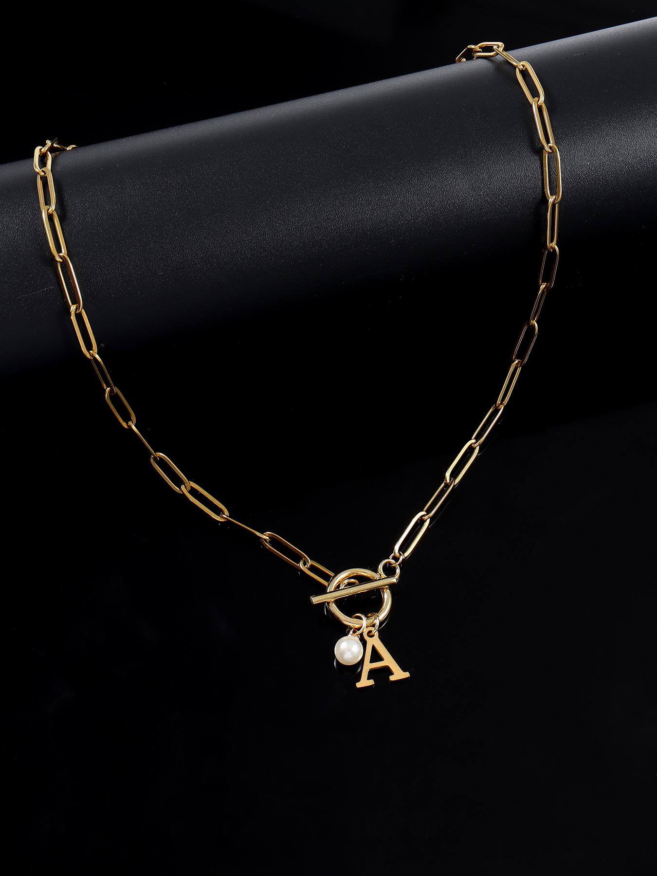 Women's Elegant Faux Pearl Decor OT Buckle Pendant Necklace, Exquisite Trendy Letter Charm Pendant Necklace, Fashion Vintage Jewelry for Party & Daily Decor, Necklace Initial