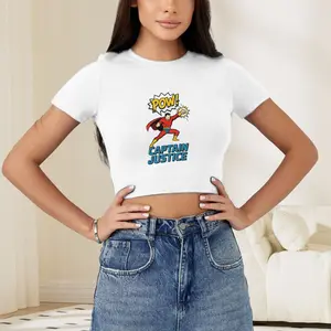 Women's Retro Comic "Captain Justice" Superhero Print Crop Top| Crew Neck Short Sleeve Y2K Cropped T-Shirt