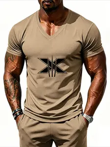 Men's Trendy Fitness V-Neck Print Quick-Dry Wolverine X T-Shirt, Breathable Knit Slim Fit Sweat-Wicking Short Sleeve, Summer Training Casual Wear