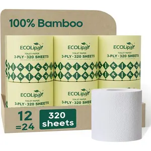 Bamboo Toilet Paper 3 Ply, Septic Safe Toilet Tissue, 12 Double Rolls, 320 Sheets Per Roll, Tree Free, Non Toxic, Soft and Absorbent, Eco Friendly Dye-Free Paper, White