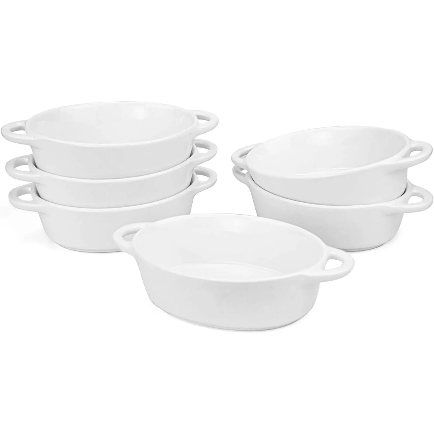 6-Pack 10 Oz Oval Porcelain Ramekins - Double-Handled Ceramic Tableware for Souffle, Creme Brulee Baking Bowls