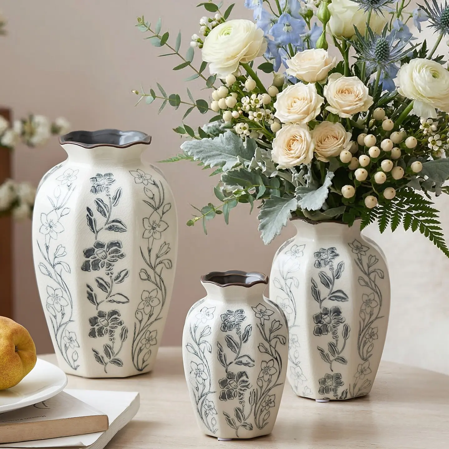 Handmade Ceramic Floral Vase, Hand-Painted Sketch Floral Crackle Glaze Octagonal Vase, French Country Farmhouse Decor, Wave Edge Vase for Living Room, Entryway, Wedding, Shelves