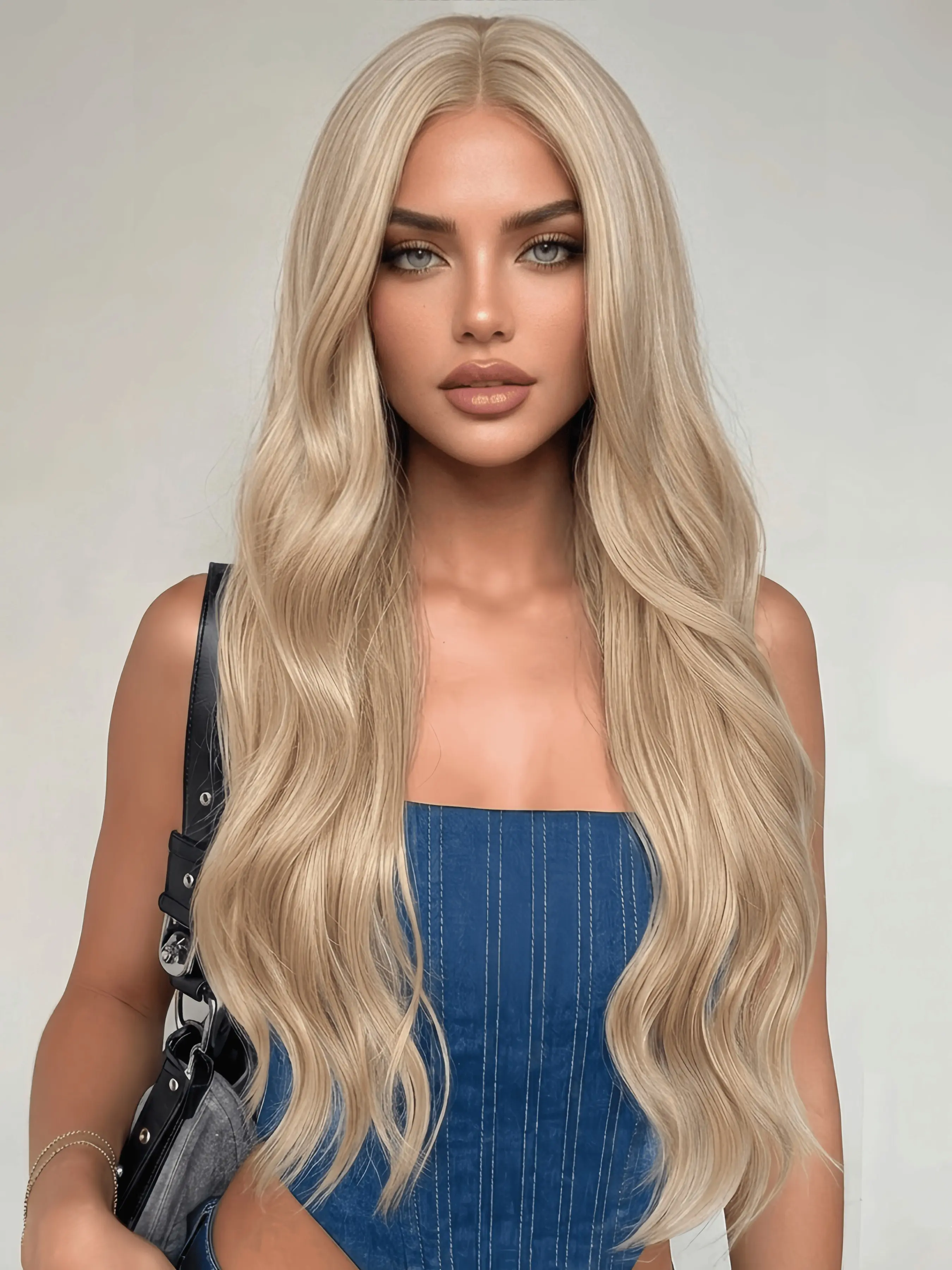 26-inch Platinum Blonde Wig with Bangs for Women, Long Wavy Synthetic Wig, Natural Body Wave Heat Resistant Fiber Glueless Wavy Wig for Daily Wear, Dating, Wedding