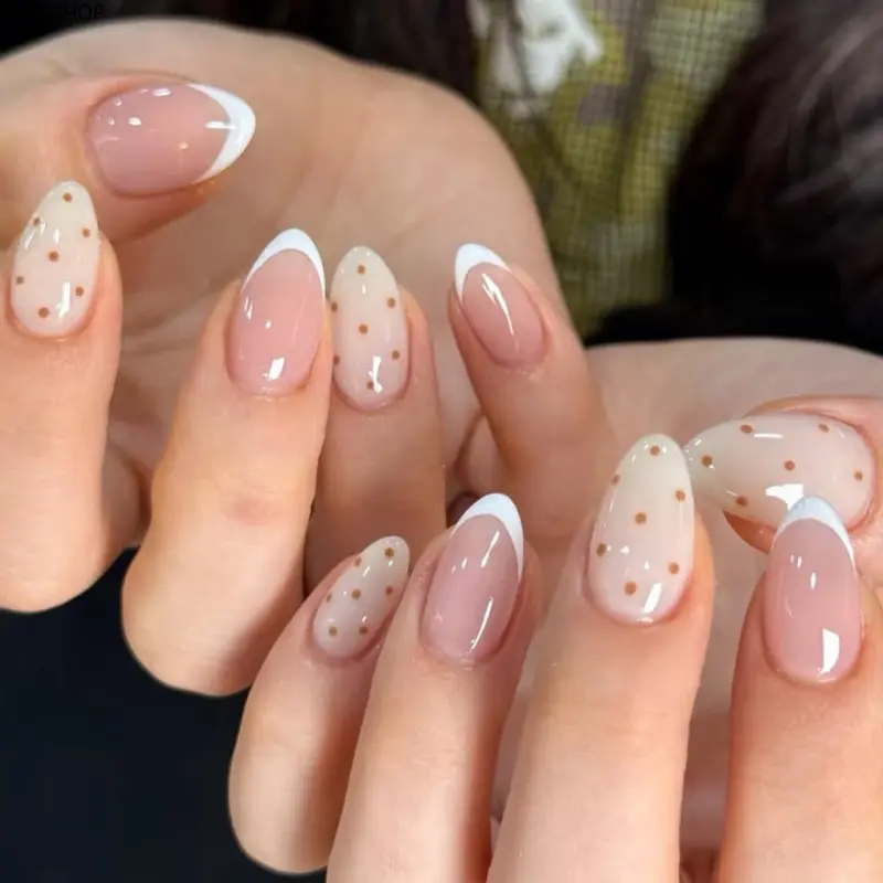 24Pcs Almond Polka Dot Press-On Nails, Simple French White Tip with Playful Dot Accents, Reusable Glossy Fake Nails for Daily Wear & Parties, Cross-Border Best-Seller