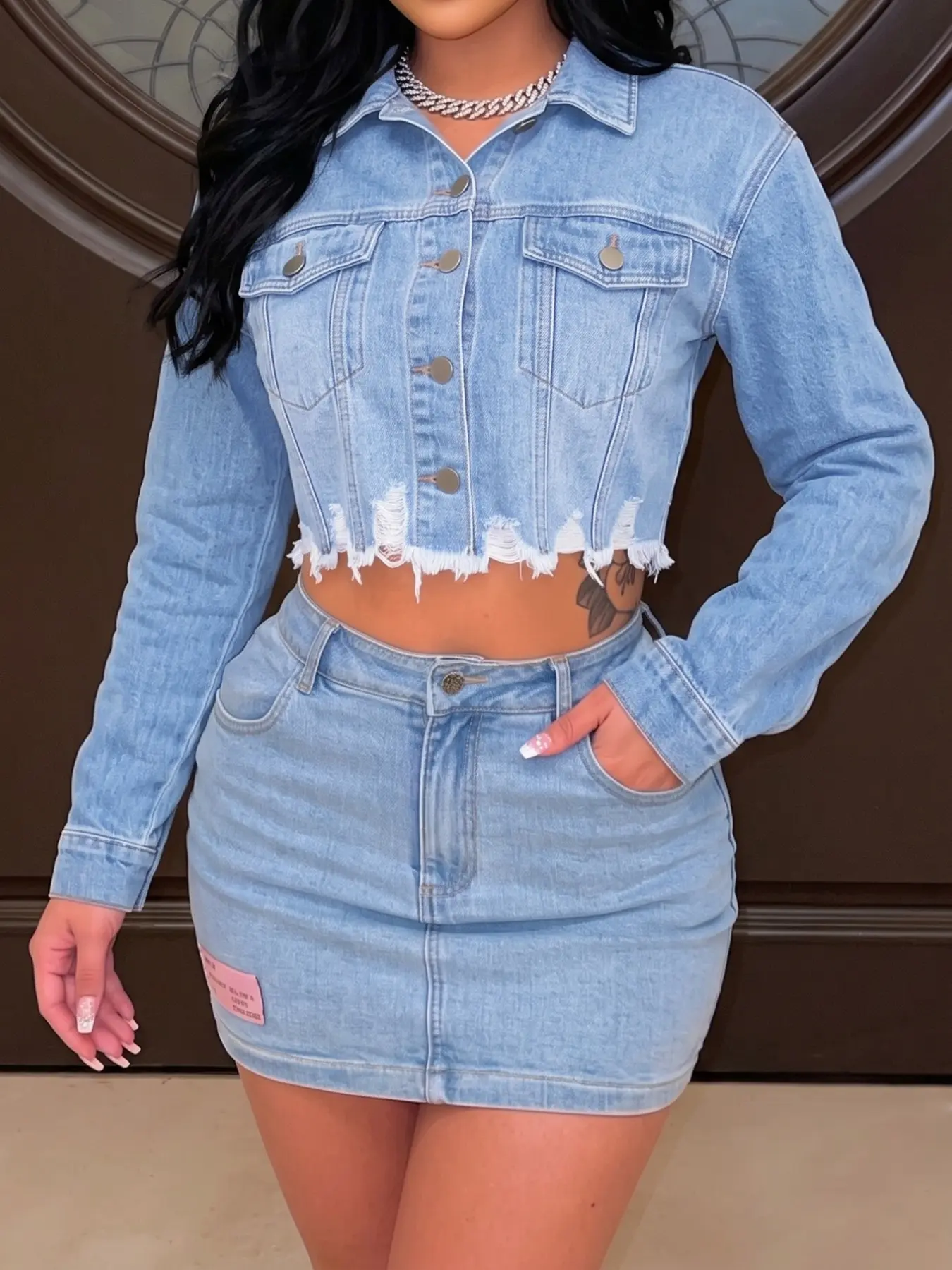 Women's 1 Piece Light Wash Distressed Frayed Hem Long Sleeve Cropped Denim Jacket Fit, Casual Streetwear for All Seasons, Daily Wear Everyday