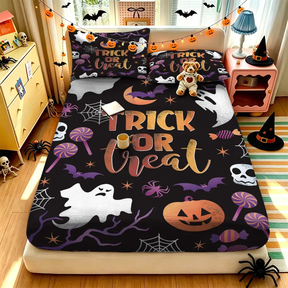 (1 fitted sheet + 2 pillowcases, no filler),Halloween themed pattern,Safe harmless fitted sheet 3-piece set with soft skin-friendly texture, machine washable duvet cover set for dorm and bedroom, usable all year round