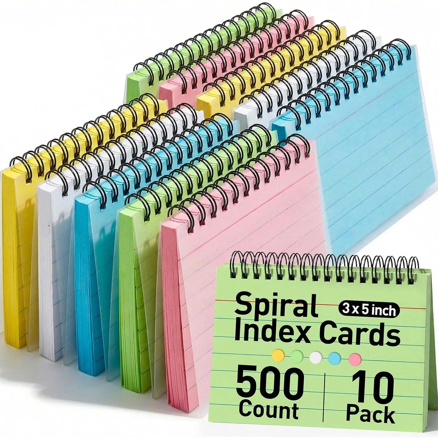 500PCS 3x5 Index Cards with Rings, 5 Colors Ruled Flash Cards - Heavy Notecards with Waterproof Covers for Studying, School, College, To Do List Supplies, Back to SchoolGift