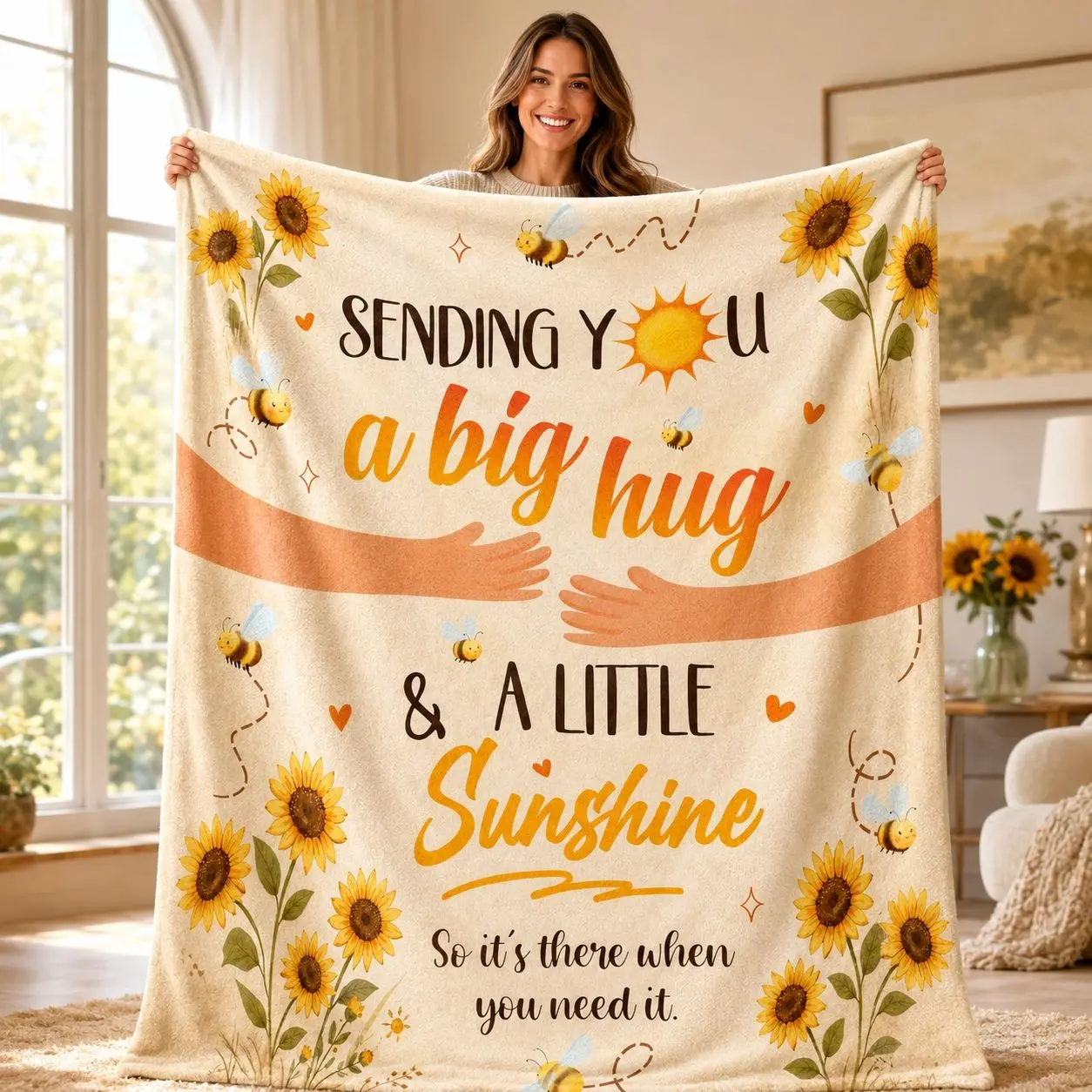 Warm Sunflower Bee Flannel Blanket, Soft Digital Print, All-Season Cover, Sofa Bedroom Office Camping Decor, Heartfelt Gift for Adults