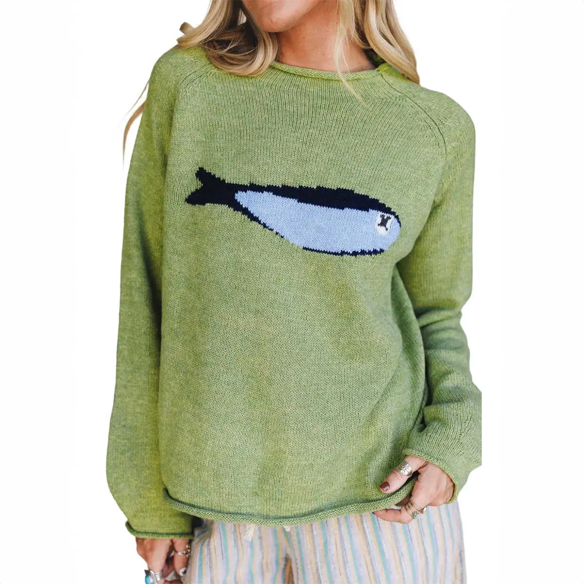 Women’s Fish Pattern Knit Sweater, Oversized Round Neck Casual Pullover Top