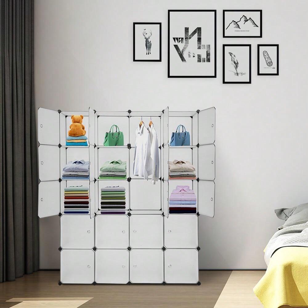 outstanding quality  1pc 20 Organizer Stackable Plastic Cube Storage Shees Design Multifunctional Modular Closet Cabinet With Hanging Rod White