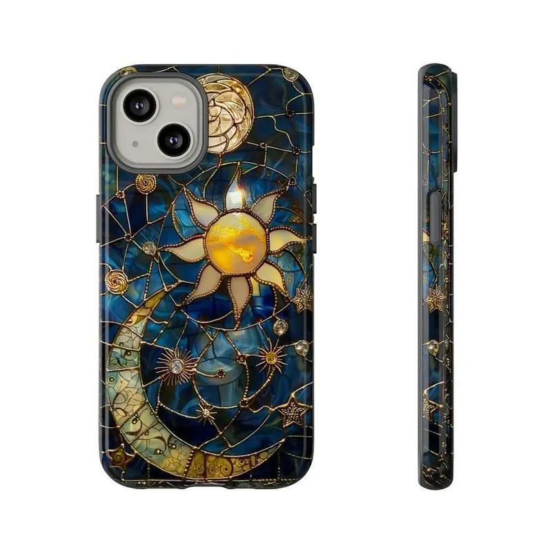 Stained Glass Sun Moon Tough Phone Case for iPhone 17, 16, 15 Pro Max, 14, 13, 12 - Celestial Aesthetic Gift