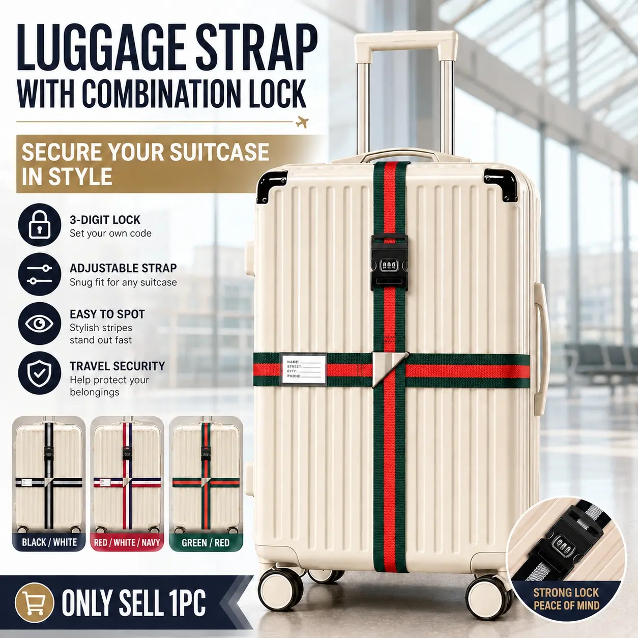 Cross-Strap Combination Lock Luggage Strap 1Pc Adjustable Suitcase Belt 5cm x 4.2m Secure with 3-Digit Password Buckle, Travel Essentials, Anti-Burst Baggage Tie Down Belt for Suitcase Bag Closure, Airport Check-in Business Trip Travel Accessories