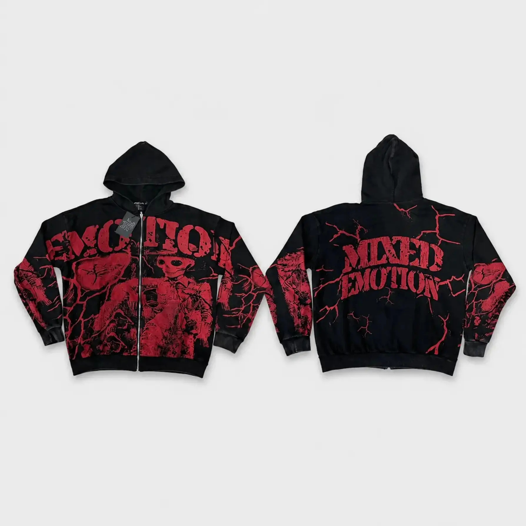MIXED EMOTION Red Rhinestone Zip Up Hoodie 100% Cotton Loose Oversized Y2K Gothic Red Graphic Print Hooded Sweatshirt Autumn Winter Casual Streetwear Jacket Top Men Women Unisex