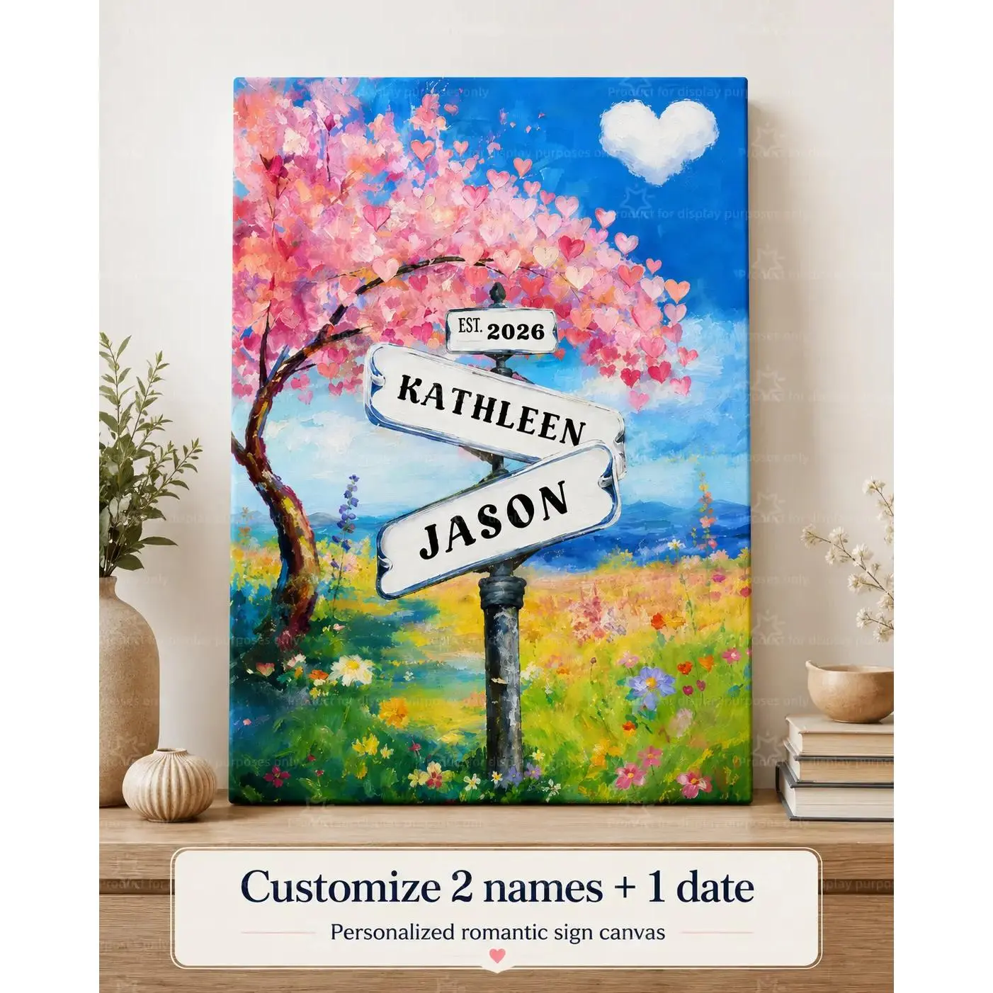 Custom 2 Names 1 Date Romantic Sign Canvas Wall Art, Personalized Couple Name Poster Print, Floral Tree Bedroom Living Room Decor, Anniversary Gift, Decorative Poster, Unframed Canvas Poster or Framed Canvas Wrap