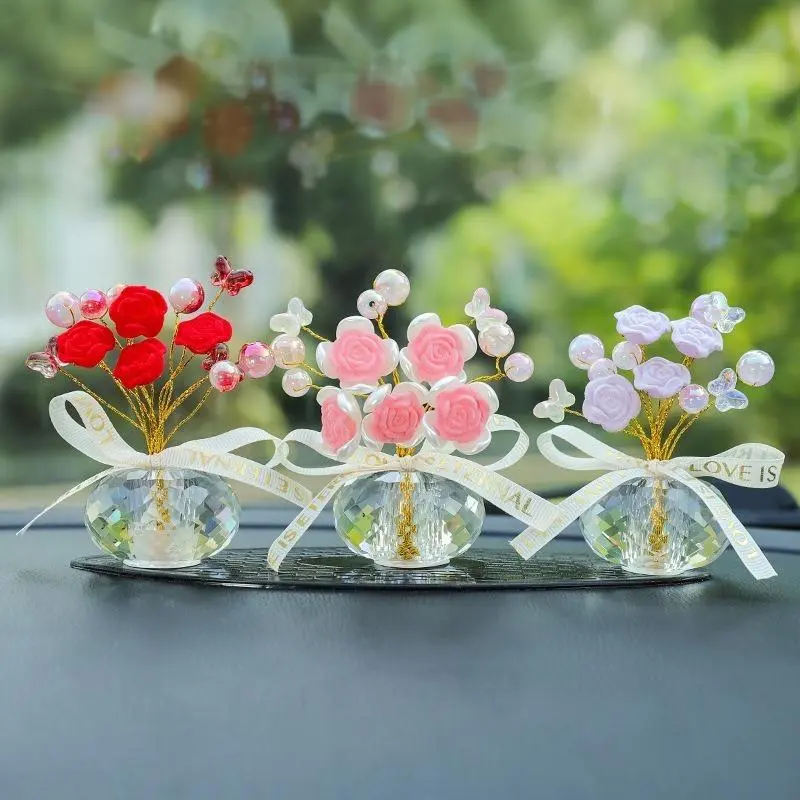 Crystal Rose Mini Potted Flower Car Dashboard Ornament, Bling Artificial Floral Car Interior Decor, Aesthetic Sparkly Crystal Car Accessory for Women