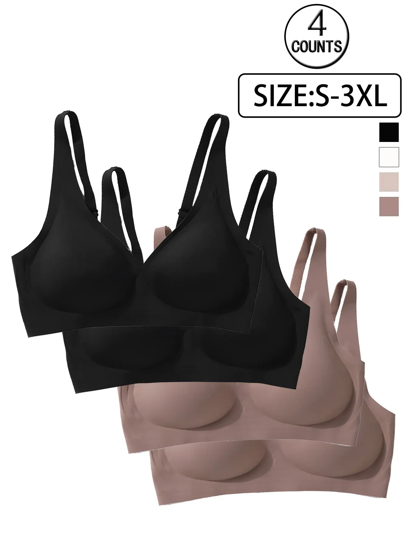 4 Pack, 4 colors, Fit, seamless jelly bralette with 2-row 4-hook closure, S-3XL sizes, push-up and supportive adjustable sports vest for daily wear, casual outings, yoga, comfortable, breathable, soft-to-skin, slimming women's wireless bra