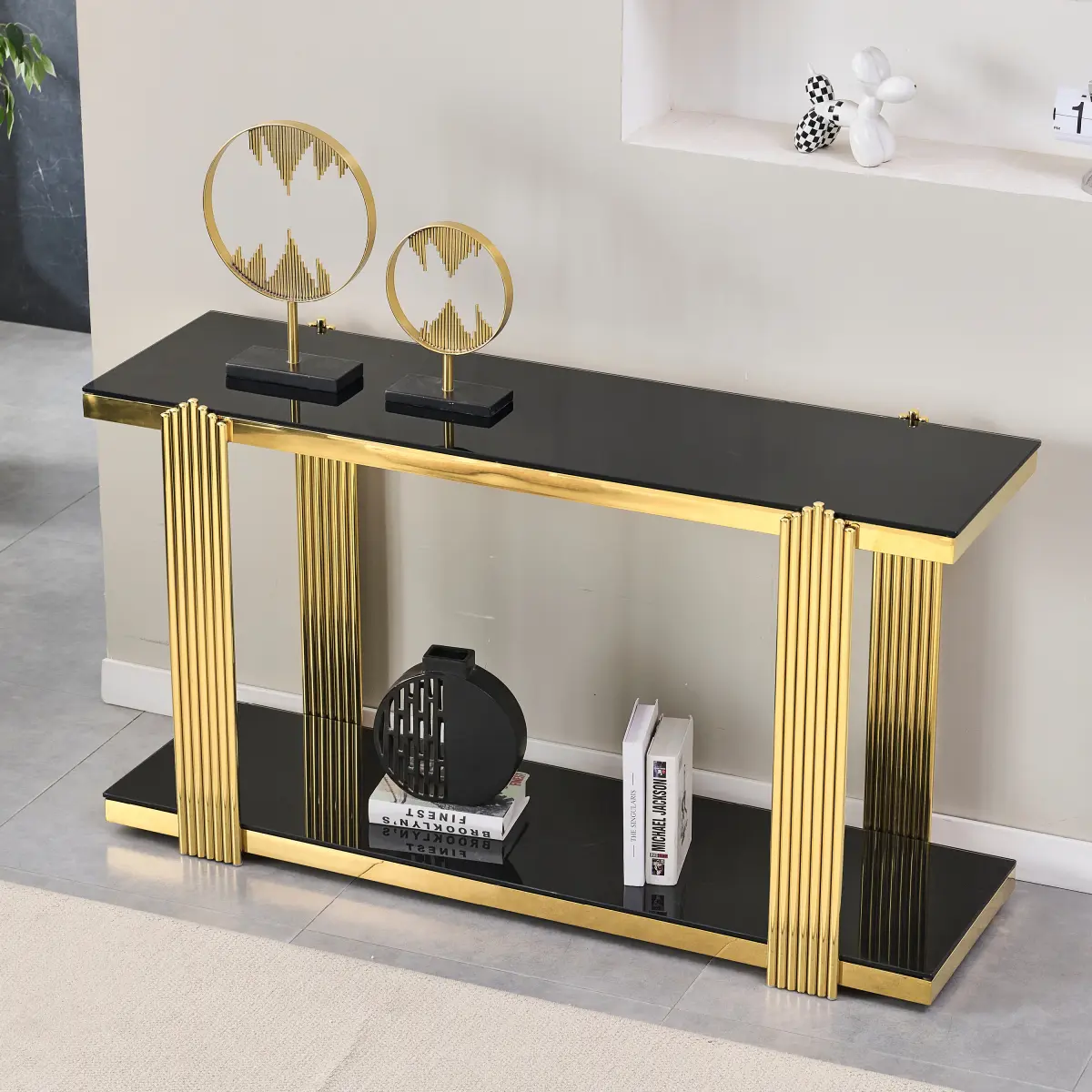 55“ Modern Luxury Console Table Rectangular Glass Accent Entryway Table for Hallway Living Room, 2-Tier Storage, Gold Pipe Stainless Steel Frame Design