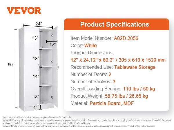 VEVOR Kitchen Pantry Cabinet 60" Tall Food Pantry Storage Cabinet 110LB Loading VEVOR Kitchen Pantry Cabinet 60" Tall Food Pantry Storage Cabinet 110LB Loading