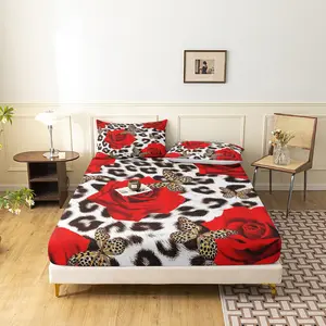 3Pcs Leopard Print Red Rose Butterfly Fitted Sheet Set, Wild Animal Print Romantic Floral Bed Sheet, Deep Pocket Fitted Sheet & Mattress Protector, For Family Dormitory Hotel Bedding Thick Mattress, Machine Washable For All Bed Sizes ( No Pillow)