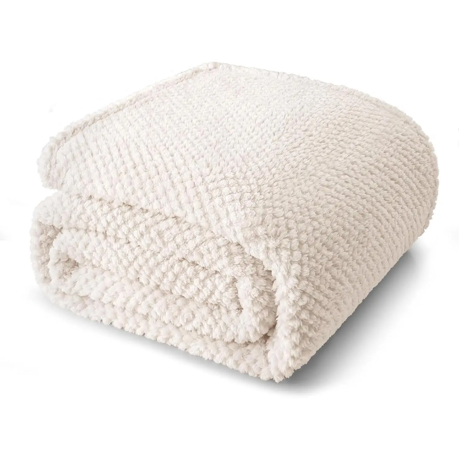 Soft Fleece Queen Size Bed Blanket, Ivory - 90x90 Inch, Fluffy Fuzzy Jacquard, Lightweight Cozy All-Season Blanket for BedGift