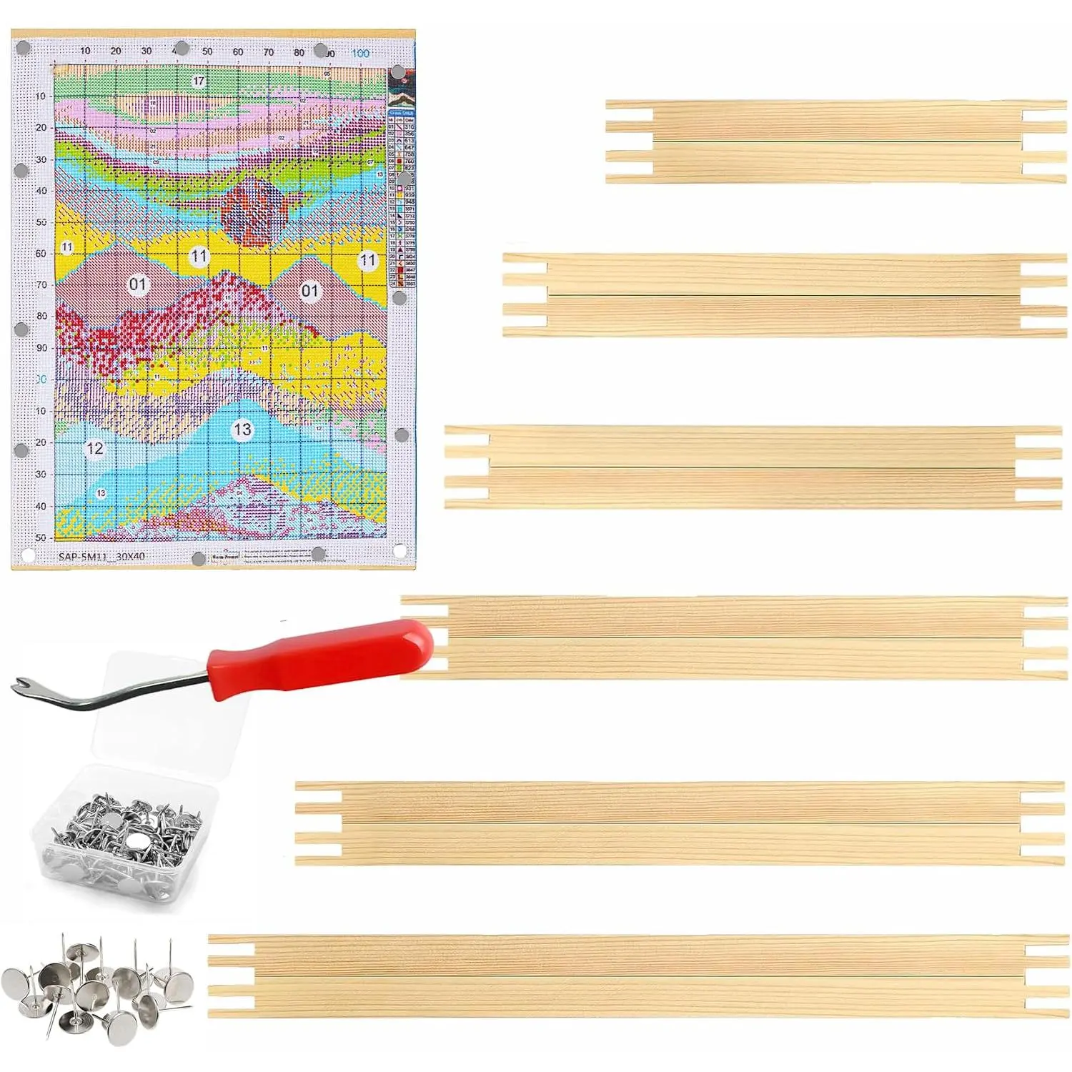 Multi-Size Pine Wood Needlework Canvas Stretcher Bars Bundle (12-Count, 3 Sets, 6 Sizes) with 40 Thumb Tacks, Tack Remover for Needlework Art, Home Craft Quick Assembly Frame Set