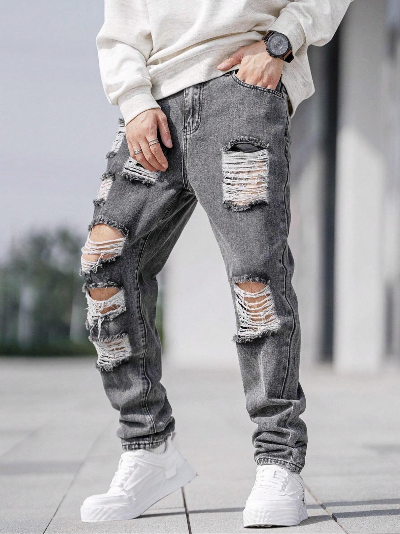 Men's Solid Color Distressed Ripped Stacked Jeans, Streetwear Casual Comfy Grey Denim Pants for Daily Wear, Mens Bottoms for All Seasons, Cotton, Slouchy Jeans