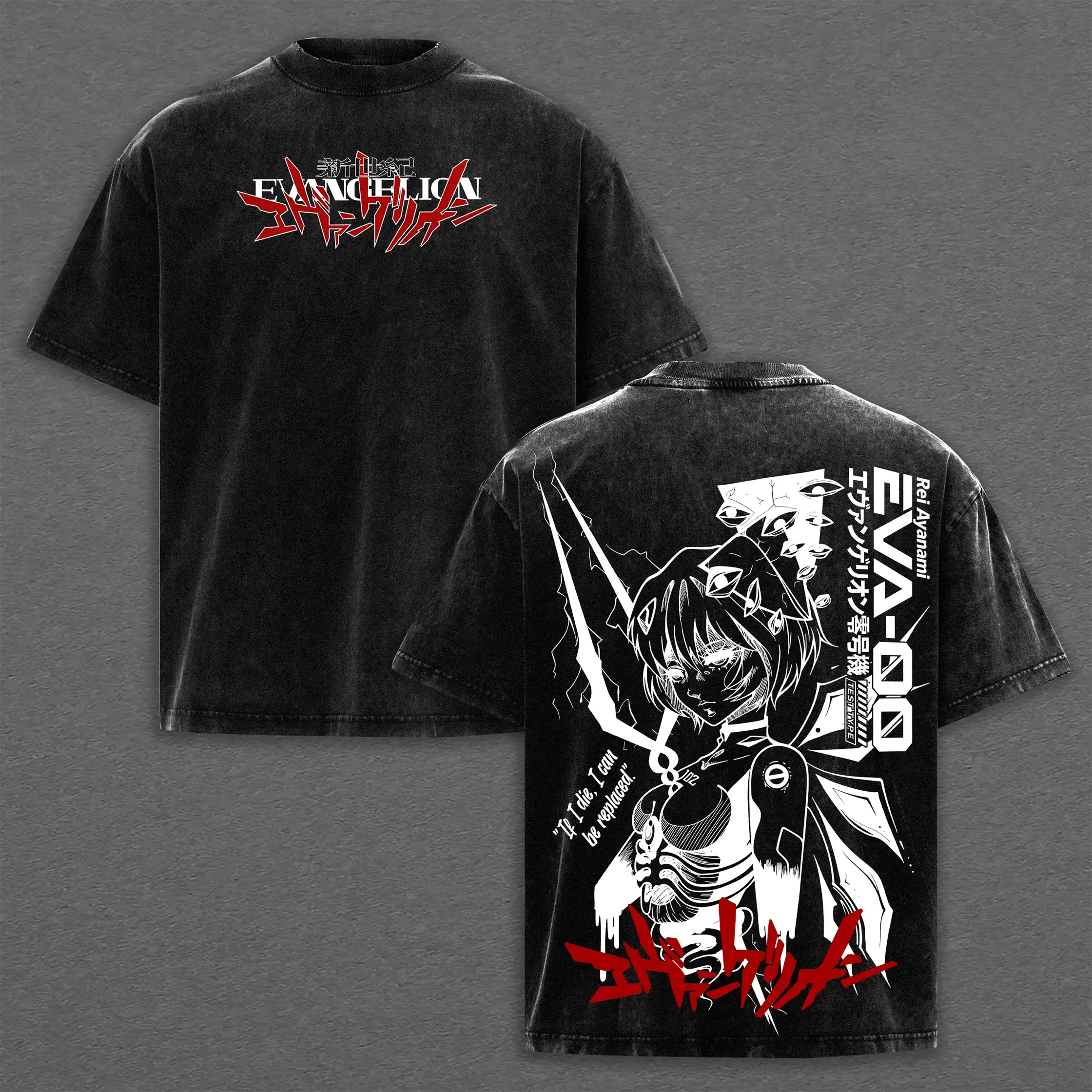 Men's Casual Short-Sleeve Crew Neck Graphic Anime Merchandise T-Shirt - Faded Vintage Washed Small Red Top, EVANGELION Katakana Chest Print, Full White Sketch Rei Ayanami, EVA-00 Vertical Kanji Text, Classic Anime Quote Back Illustration, Daily Streetwear